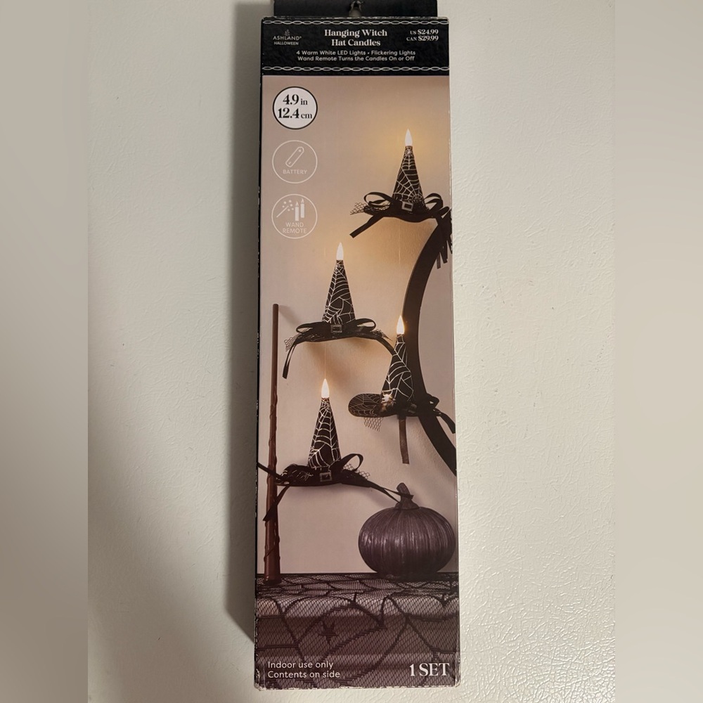 Halloween Hanging Witch Hat Candles LED Flickering Lights with Wand Remote NIB